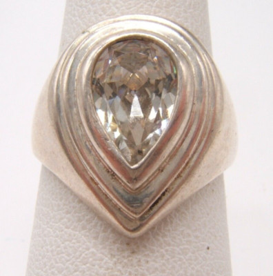 VTG CELLINI STERLING SILVER RING TEARDROP CLEAR STONE SIZE 6.75