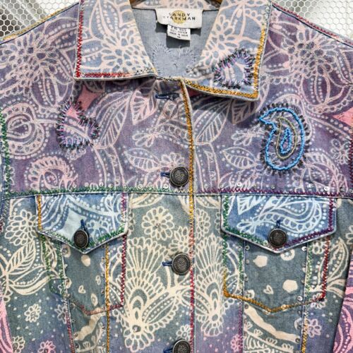 Vtg Watercolor Tie-Dye Jean Jacket Medium Paisley Heart Beaded Embroidered Dolly - Picture 3 of 12