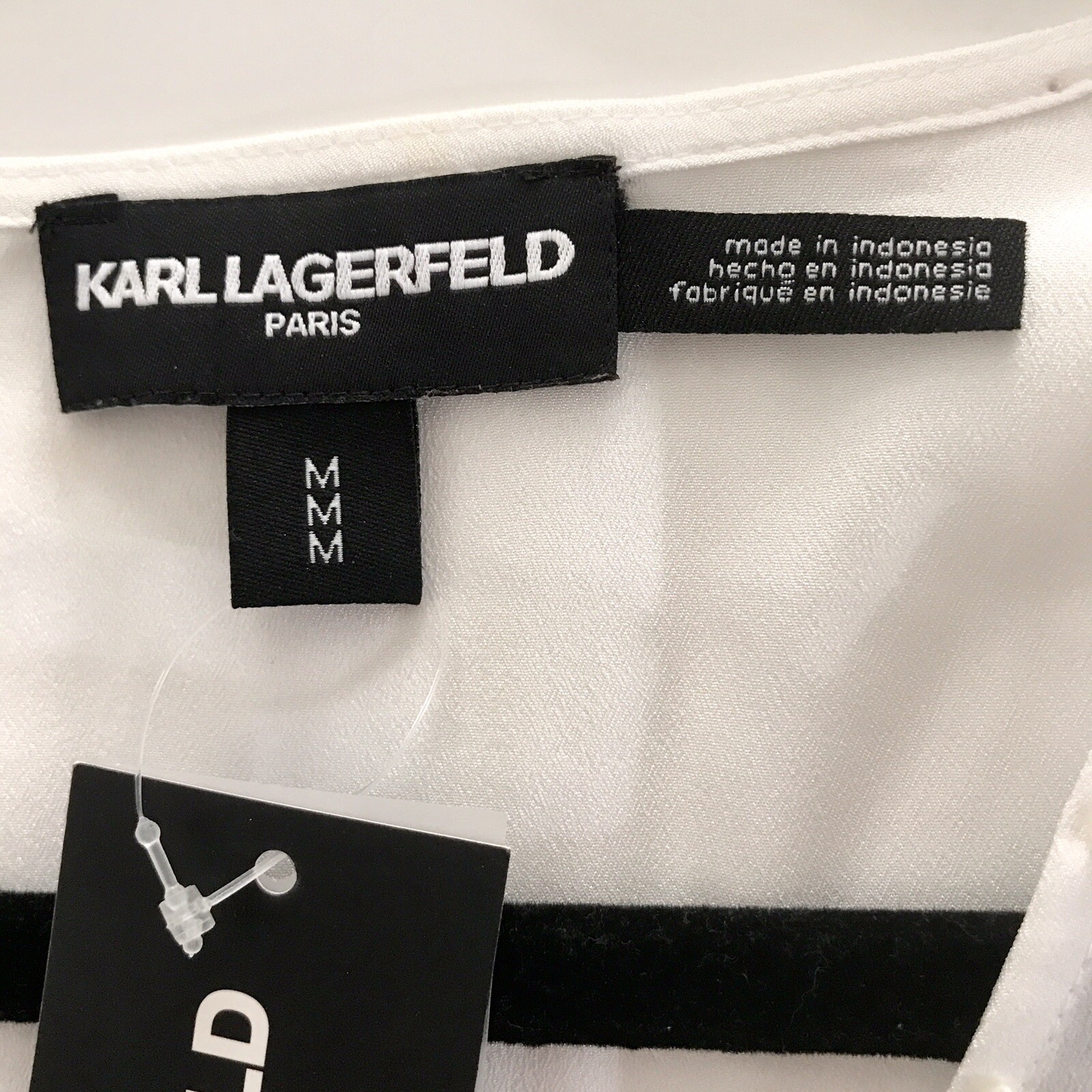 Karl Lagerfeld Women’s White Sheer Top, Pearl Accent Around Neck,Medium