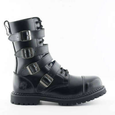 Grinders Quad CS schwarz 14 Ösen Quad Schnalle Unisex Stahlkappe Derby Stiefel