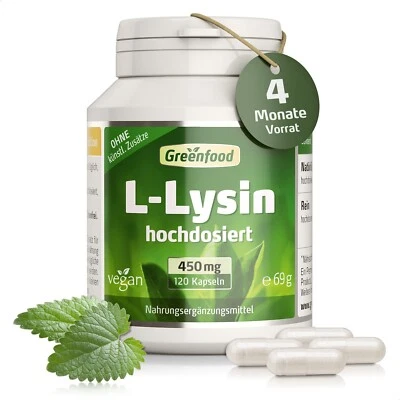 GREENFOOD L-Lysin, 450 mg, hochdosiert, 120 Kapseln. Vegan.