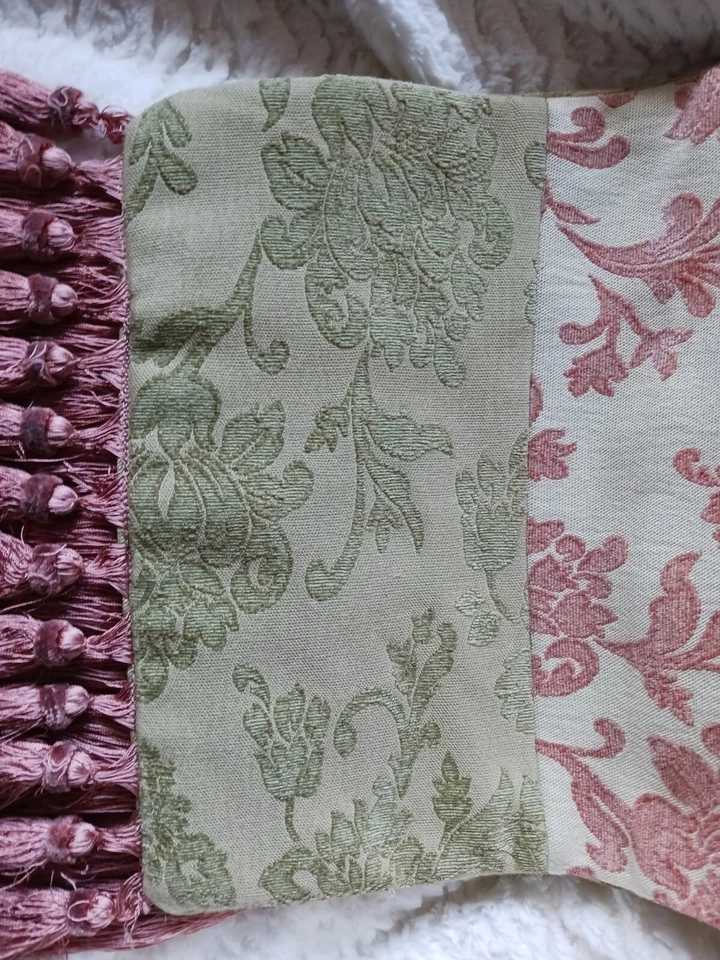 Vintage Long Brocade Like Light Green And Pink Coral Tasseled Runner - Image 2 of 4