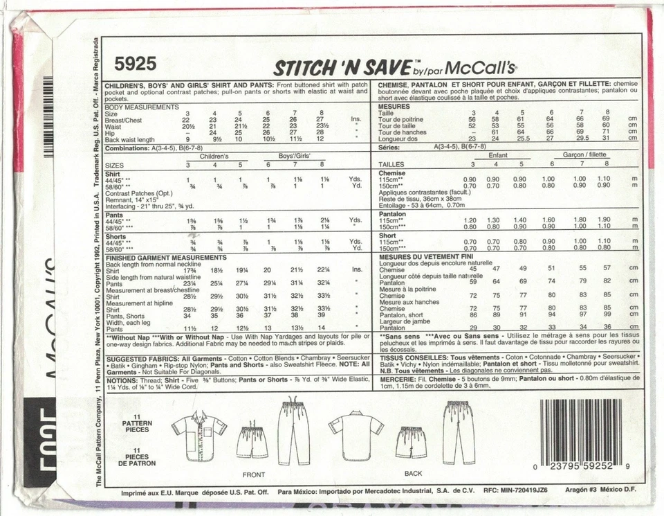 McCall's Stitch 'N Save 5925 Children’s Camp Shirt Baggy Shorts & Pants Pattern - Image 2 of 2