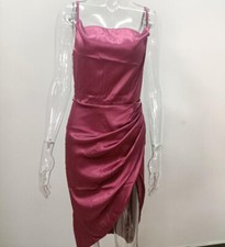 Ladies Midi Slip Dress Satin Spaghetti Strap Front Slit Frill Ruched Clubwear