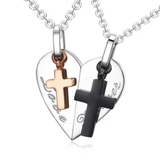 Men Women Couple Necklace Love Forever Heart and Cross Pendant Stainless Steel 