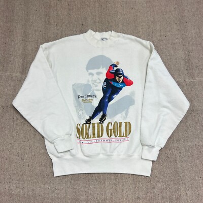 Vintage Dan Jensen Sweatshirt Mens Large White 1990s Olympics Speed Skater