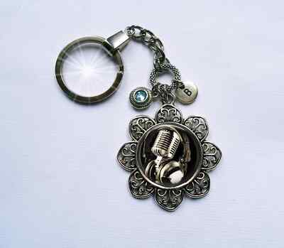 Vintage Shure Microphone Image Keychain or Clip w-Birthstone Crystal & Letter
