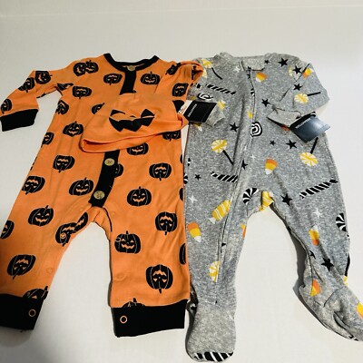 Baby Pumpkin Outfit 3 6 Months Halloween Romper & Hat Candy Sleeper Set