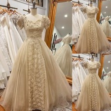 Vintage Light Champagne Wedding Dresses with Short Sleeves Tulle Bridal Gowns
