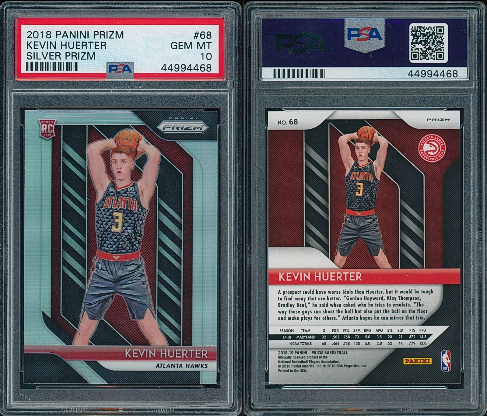 2018-19 Panini Prizm Kevin Huerter Silver Prizm RC Rookie PSA 10 GEM MINT #68