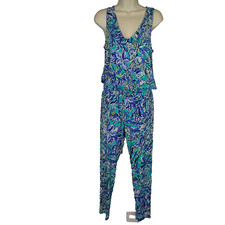 Lilly Pulitzer Paulina Jumpsuit Blue s Stretchy Lounge Preppy Coastal blue green