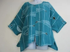 PLUS SIZE LAGENLOOK 50% COTTON 50% LINEN TOP FISH DESIGN ESTIM SIZE RANGE16-20