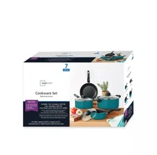 Mainstays 7 Piece Non-Stick Cookware Set Aluminium Teal, Dishwasher Safe
