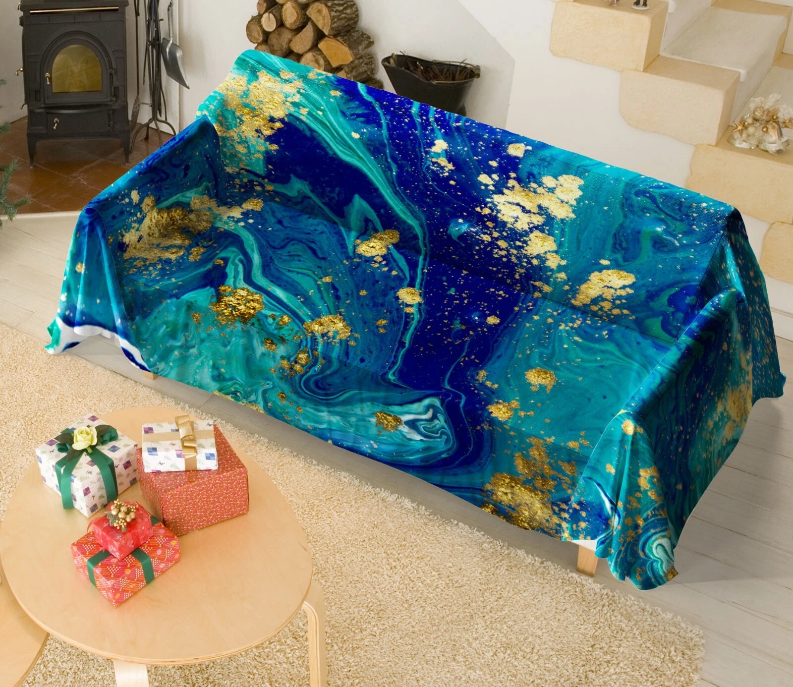 3D Blue Pigment N2859 Sofa Cover High Stretch Lounge Slipcover Protector Couch