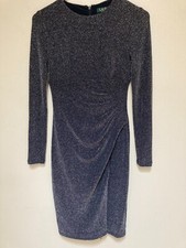 Lauren Ralph Lauren Womens Size 2 Dress Silver Metallic Long Sleeve Side Slit