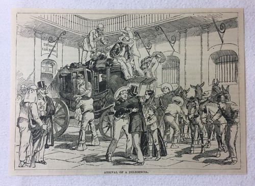 1886 magazine engraving ~ ARRIVAL OF A DILIGENCIA Mexico