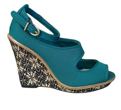 Lela Rose for Payless teal peep toe cut out ankle strap wedge heel