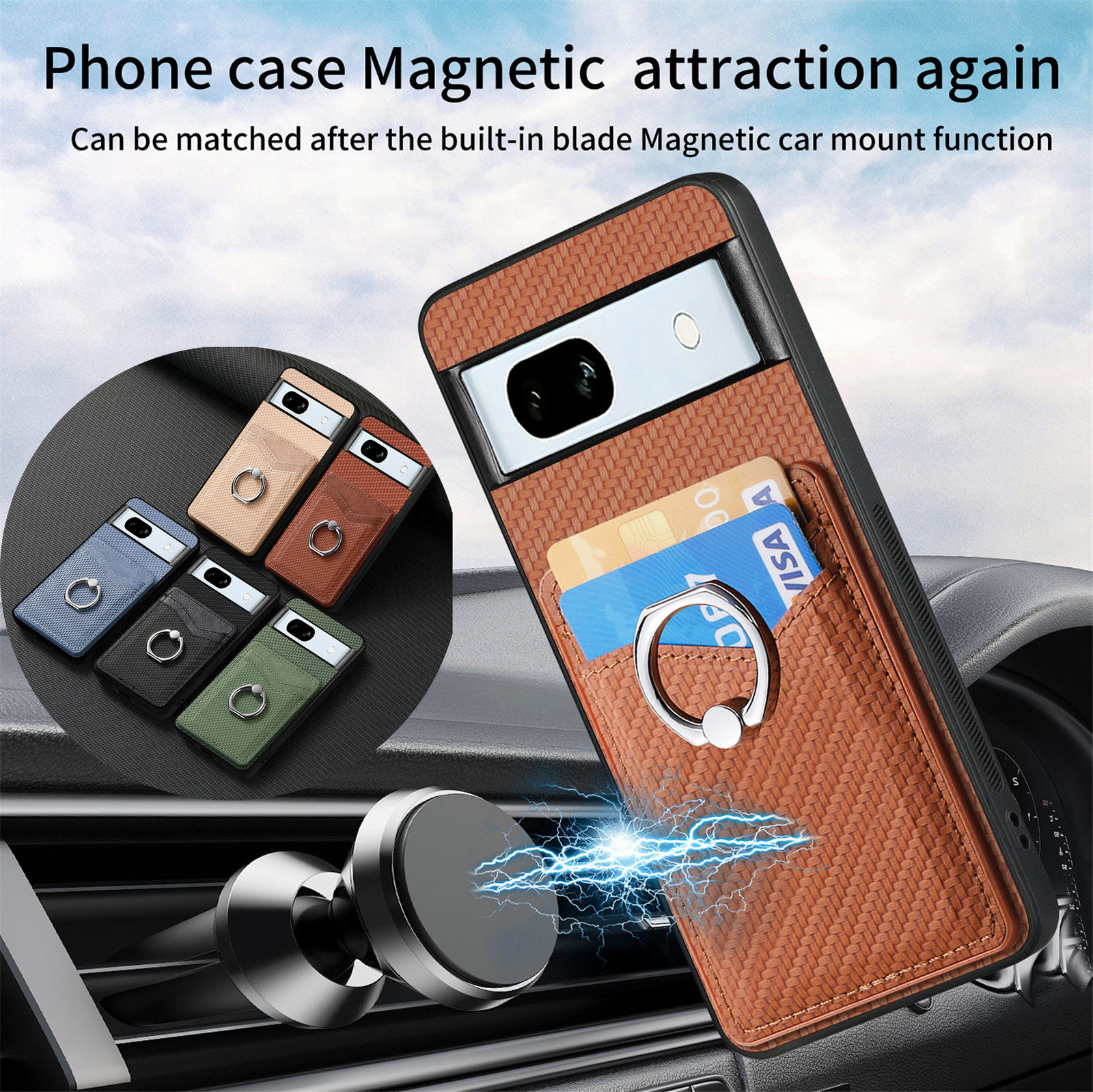 Slim Magnetic Leather Wallet Case for Google Pixel 8 Pro / 7A / 6 with Ring Stand