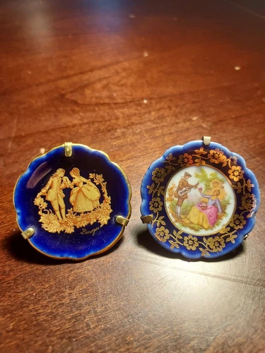 2 Vintage Limoges France Royal Porcelain Tiny Plates- Courting Couples 1 3/4"
