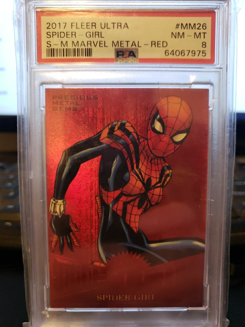 2017 Fleer Ultra Marvel Spider-Man Metal PMG Red 29/99 Spider-Girl PSA 8