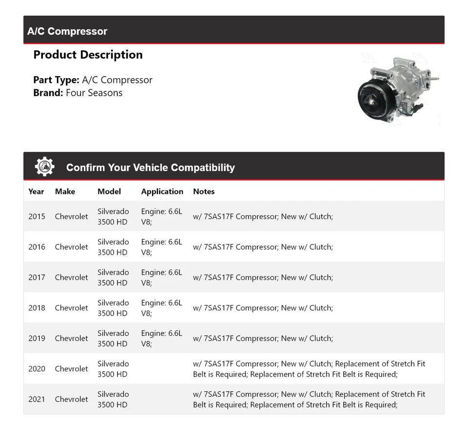 Chevrolet Silverado 3500 HD 2015-2021 compresor de aire acondicionado 4 estaciones 2016 2017 Foto 2 de 4