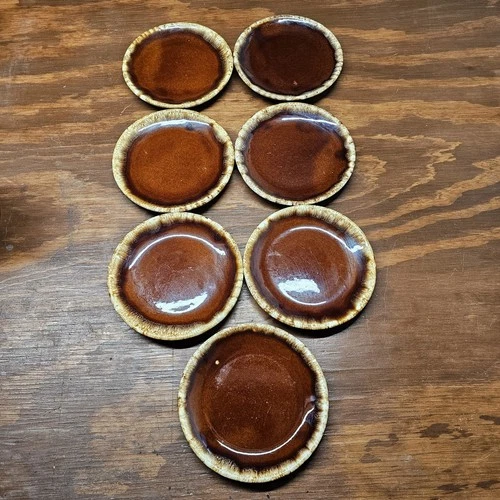 Vintage Hull Brown Drip Glaze Salad Plates 6.75" Lot of 7 Made in USA