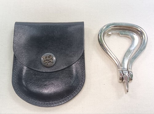 HERMES Hoof Pick Silver Equestrian Tack Posthorn Button Vintage with LeatherCase