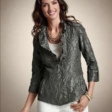 Chicos Ruffled Crinkle Jacket Size 1 Gray 3/4 Sleeve Lightweight Polyester Blend
