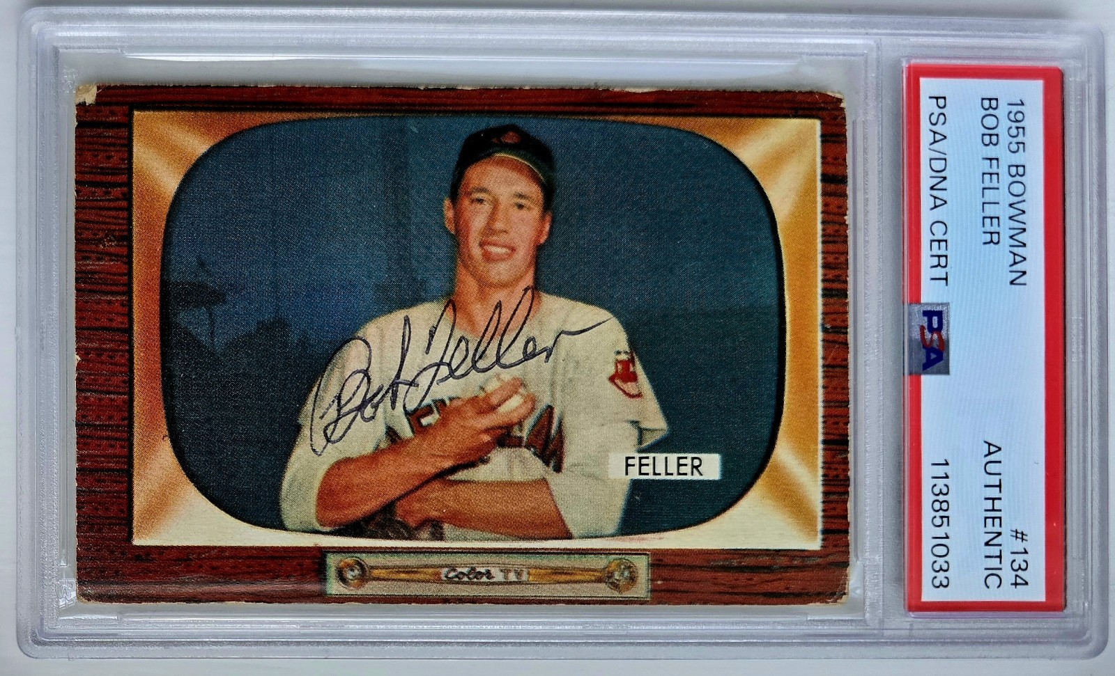 1955 Bowman #134 Bob Feller HOF Autograph Auto PSA Authentic DNA Indians