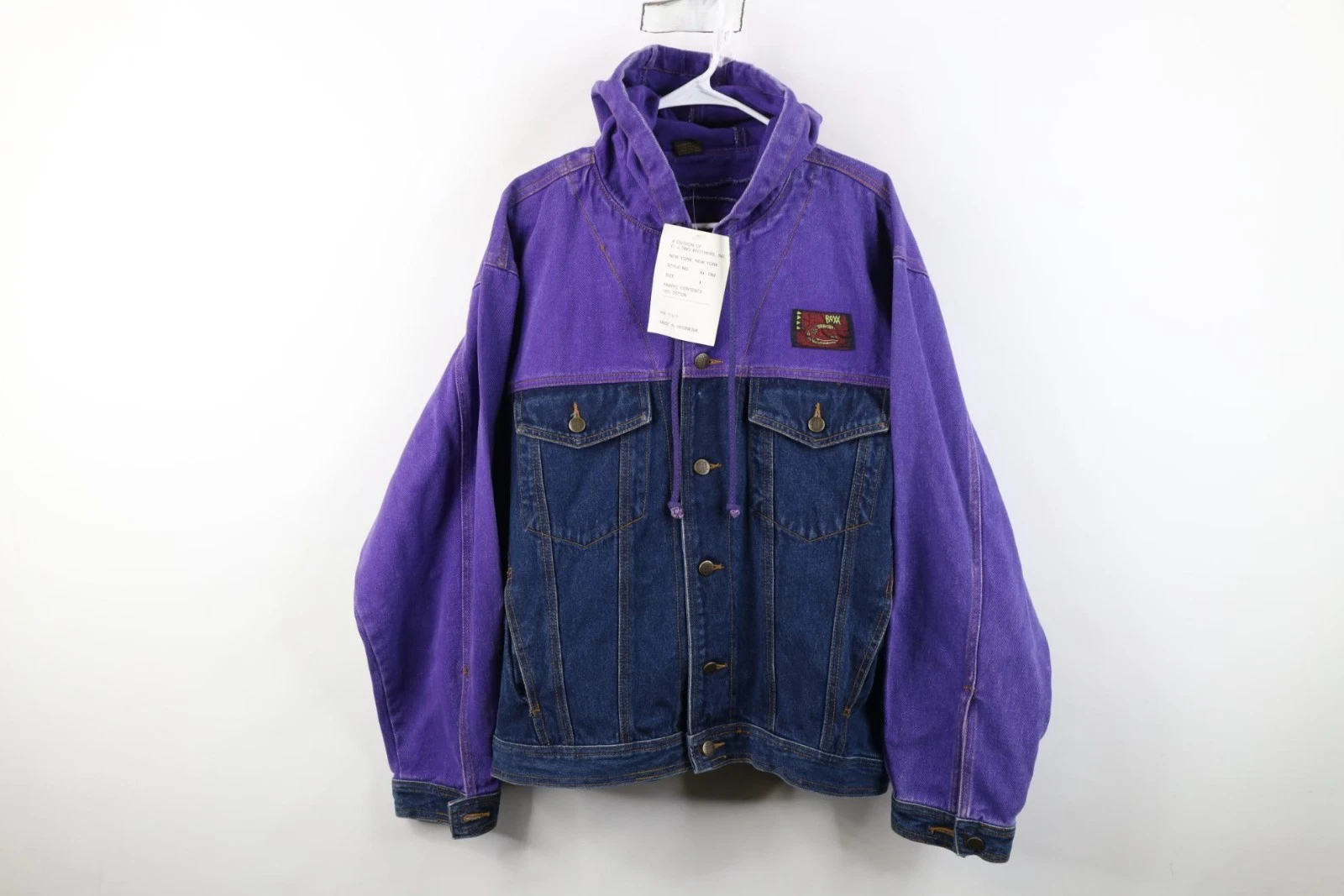 Deadstock Vtg 90s Streetwear Mens Large Color Block Hooded Denim Trucker Jacket