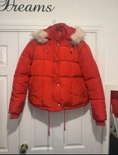 Red Puffer Jacket UK 10 Faux Fur Hood Trim Warm Fleece Lined Quilted Winter Coat