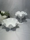 2 Vintage Fenton White Milk Glass Hobnail Ruffled Compote Bowl & Pedestal Bowl