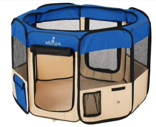Zampa Foldable Pet Playpen Dog Cat Puppy Exercise Pen Blue Carry Bag