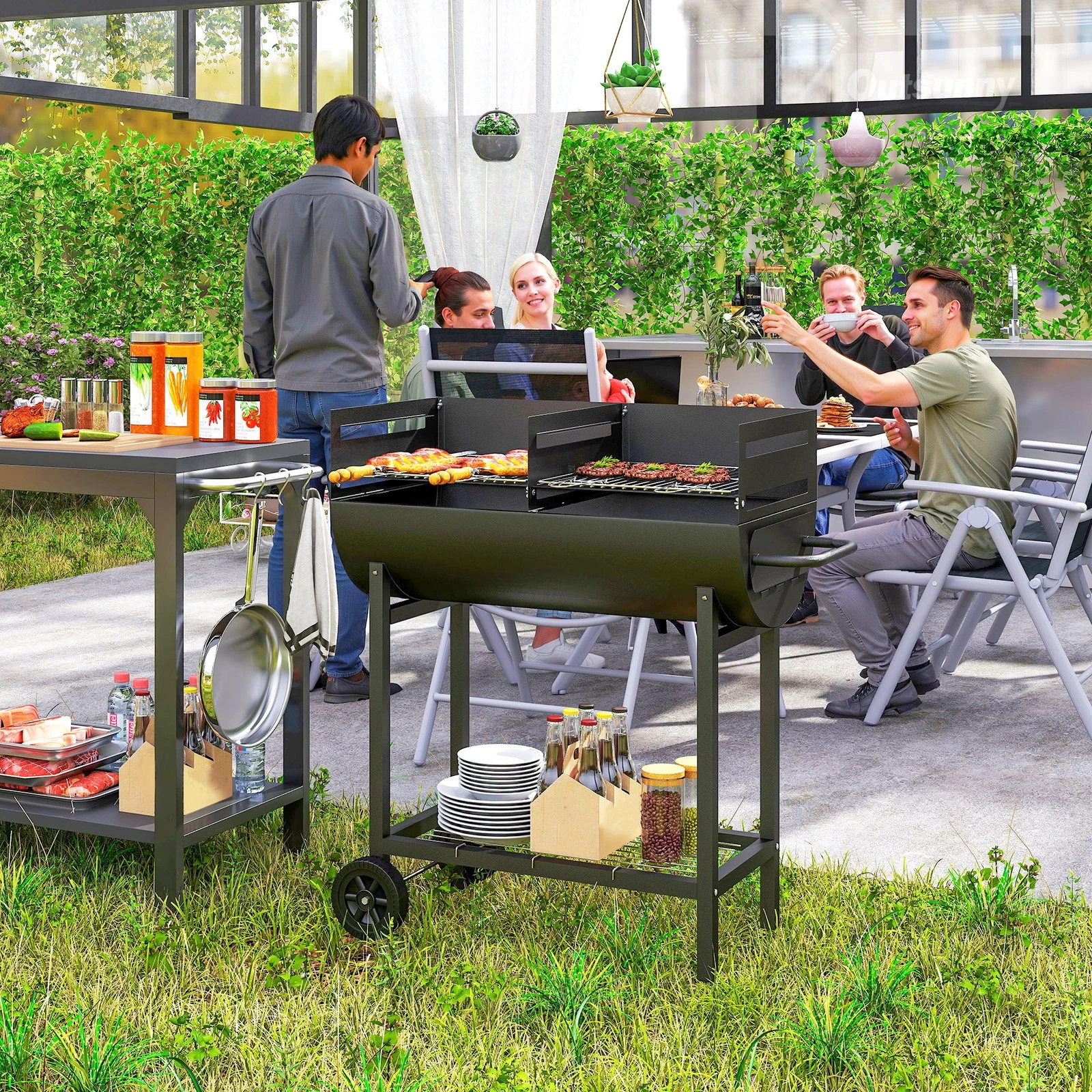 Portable Charcoal Barbecue Grill Cart 2 Rolling Wheels Camping Picnic Black