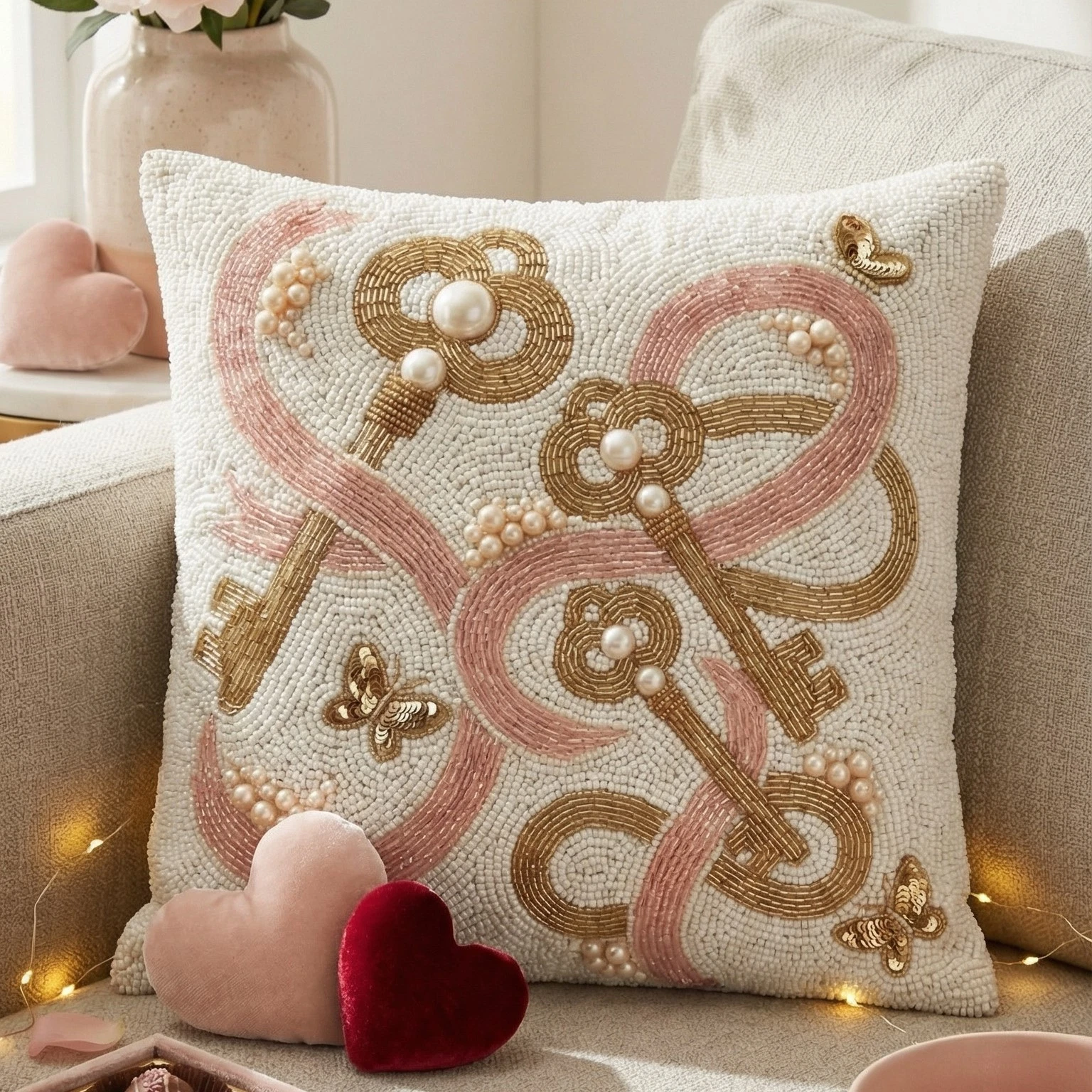 Beaded Decorative Throw Pillow Cover with Gold Keys, Pearls & Butterflies,
Opens in a new window or