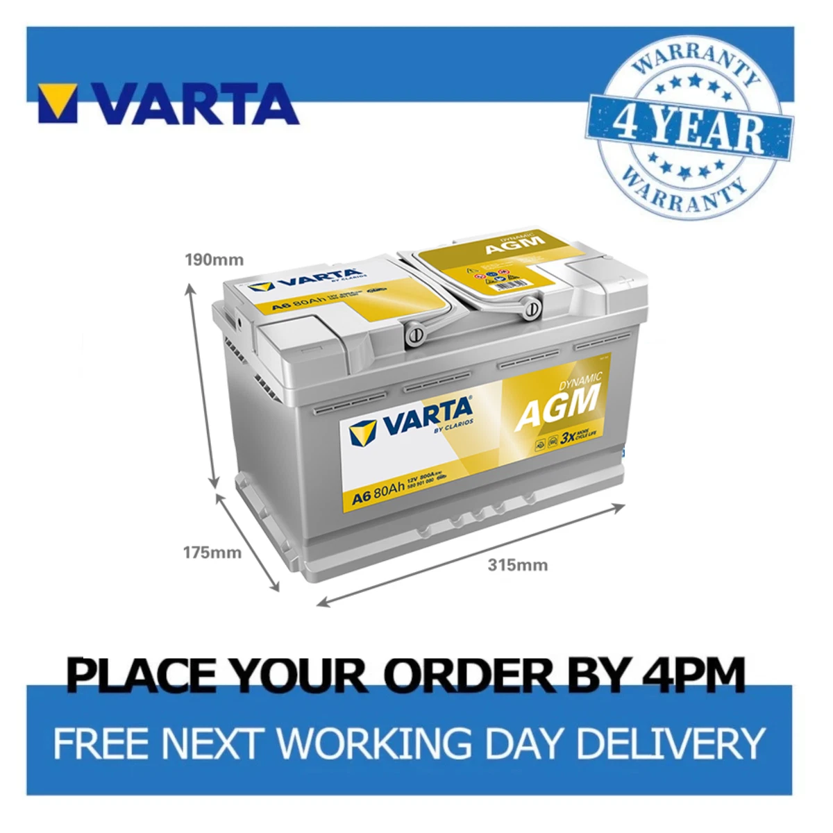 VARTA A6 12V 80Ah AGMバッテリー 【公式通販】