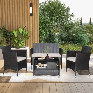 Costway 4PCS Patio Rattan Furniture Set Armrest Cushion Sofa Coffee Table