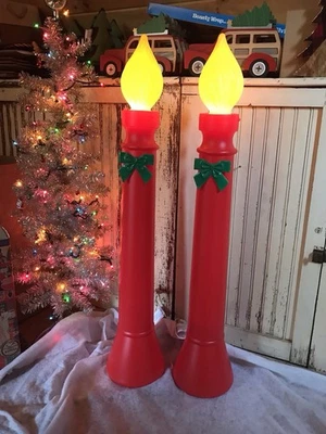Blow Mold Christmas Candles Red Green Bows Lighted Yellow Flame Tops Union PAIR