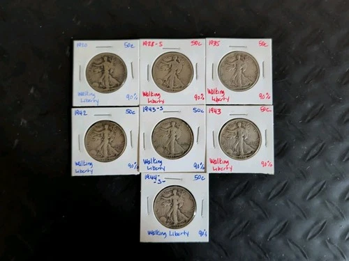 Lot Of 7 Circulated Walking Liberty Half Dollar 90% SILVER