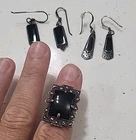 Vintage Mexico Sterling Silver 925 Black Onyx Ring Size 6 & Earrings Lot