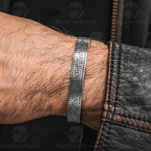 Solid 925 Sterling Silver Embroidered Handmade Engraved Men's Cuff Bracelet - Picture 3 of 3