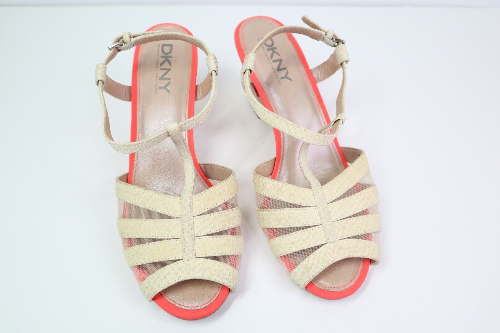 DKNY women Open toe Tan low wedge heel outlined i… - image 3