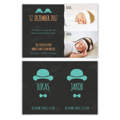 Geburtskarten - Hüte Zwillinge - Geburt Babykarten Zwillingskarten Jungen