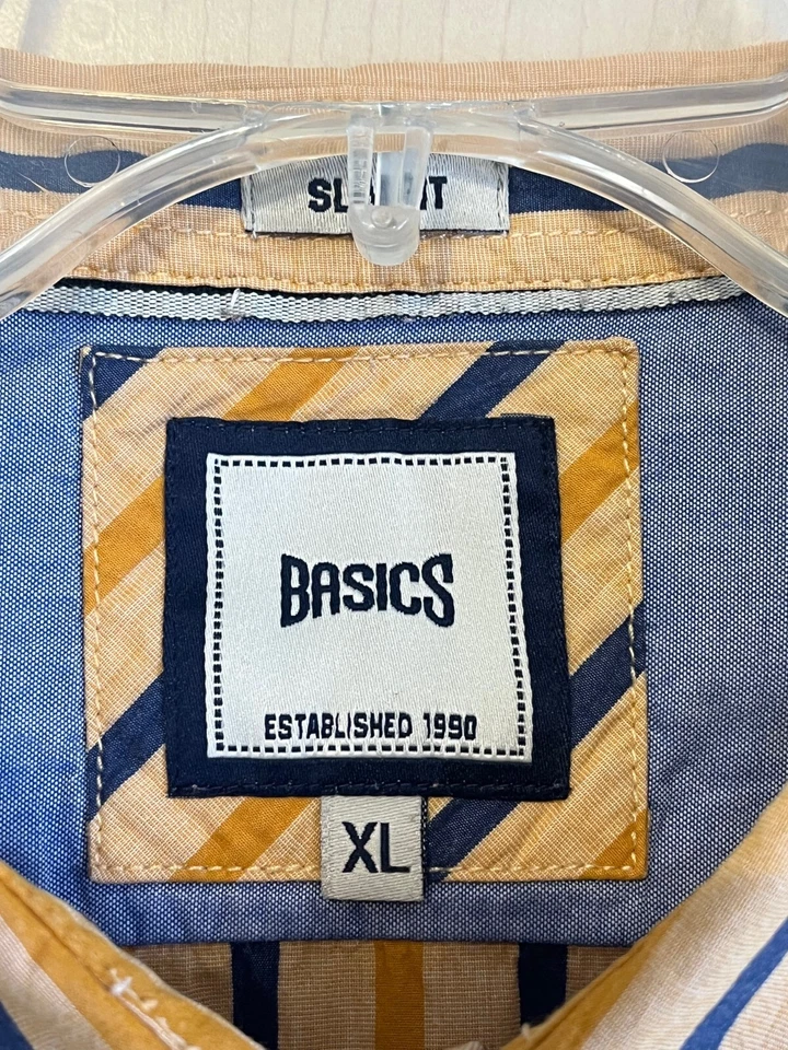 BASICS Men's SLIM FIT Button Down Shirt Size XL X-Large Striped Yellow Blue - Image 3 of 4