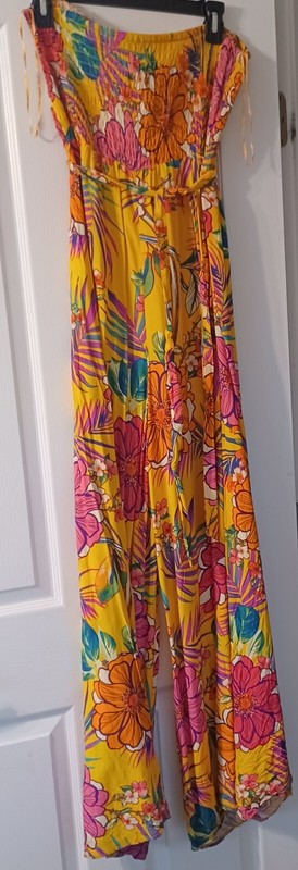 1 State Beach L Jumpsuit Floral Strapless Wide Leg or Tapered Smocked Bodice NEW