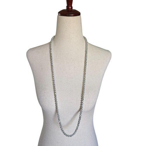 Faux Baroque Pearl Beaded Necklace Long Vintage Silver Gray UV Reactive 36 Inch - Picture 6 of 8