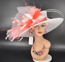 White Coral Pink Church Kentucky Derby Party Wedding Tea Wide Brim Sinamay Hat