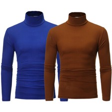 Mens Roll Neck Cotton Lightweight Jumper T-Shirt Turtle Funnel Long Sleeve Tops