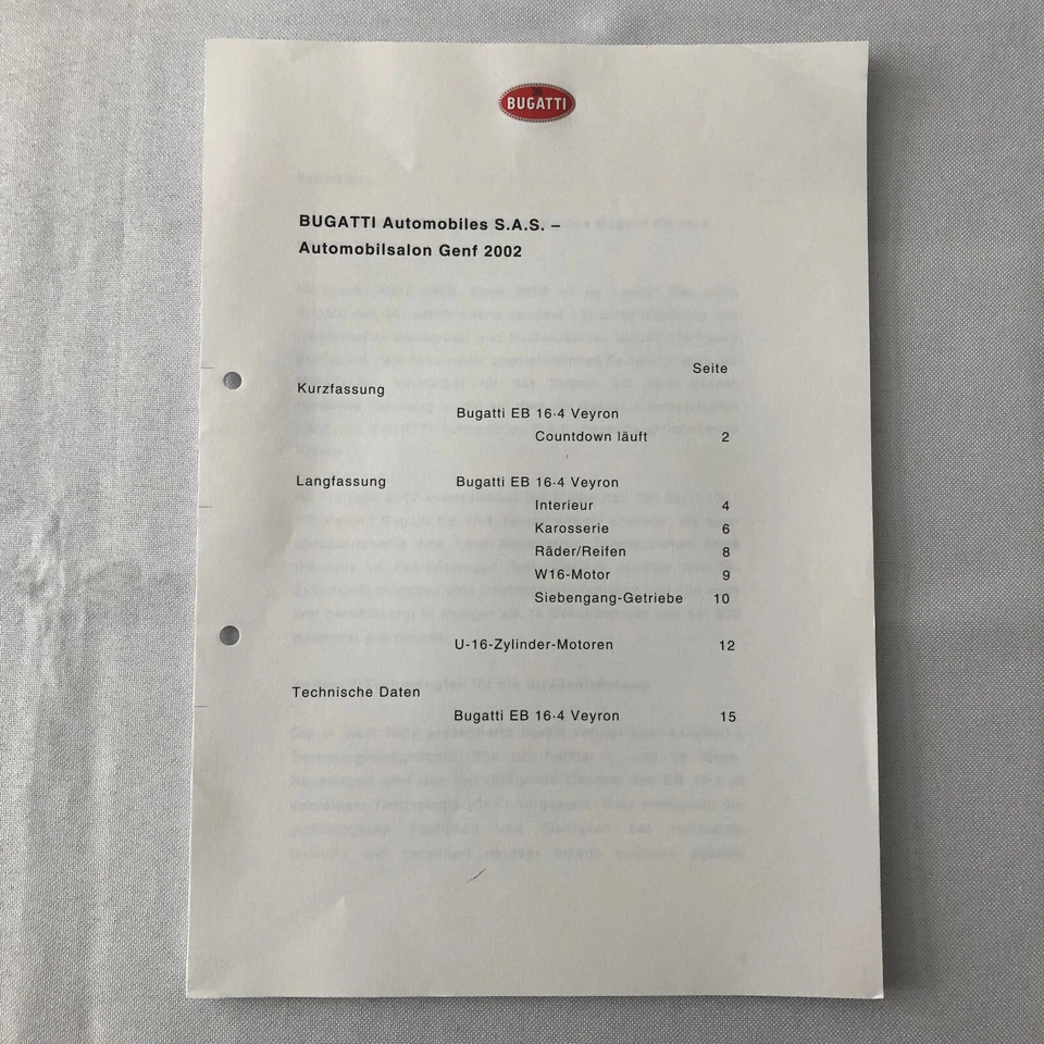 Kit de prensa Bugatti Veyron folleto fotos 2002 texto alemán Foto 4 de 4