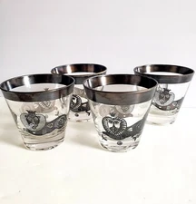 Georges Briard Silver Regal Royal Lion MidCentury Double Old Fashion Glass 4 MCM